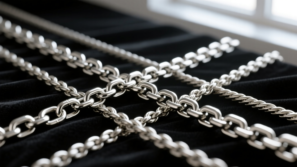 Macro shot of layered chains: a 5mm Cuban link, 4mm paperclip, and 2mm rope chain in polished stainless steel on black velvet.