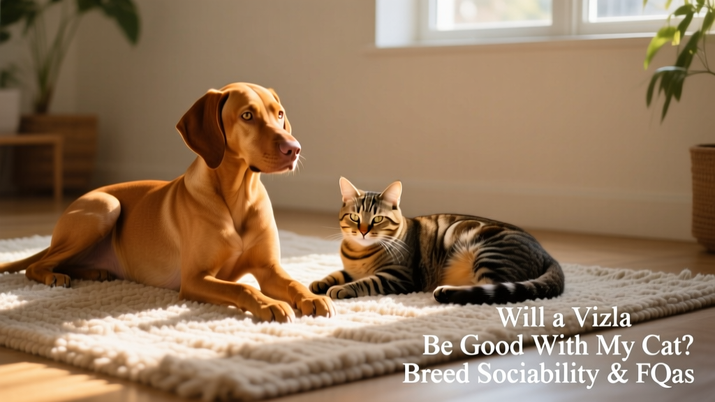 A calm Vizsla sitting beside a relaxed tabby cat on a sunlit rug