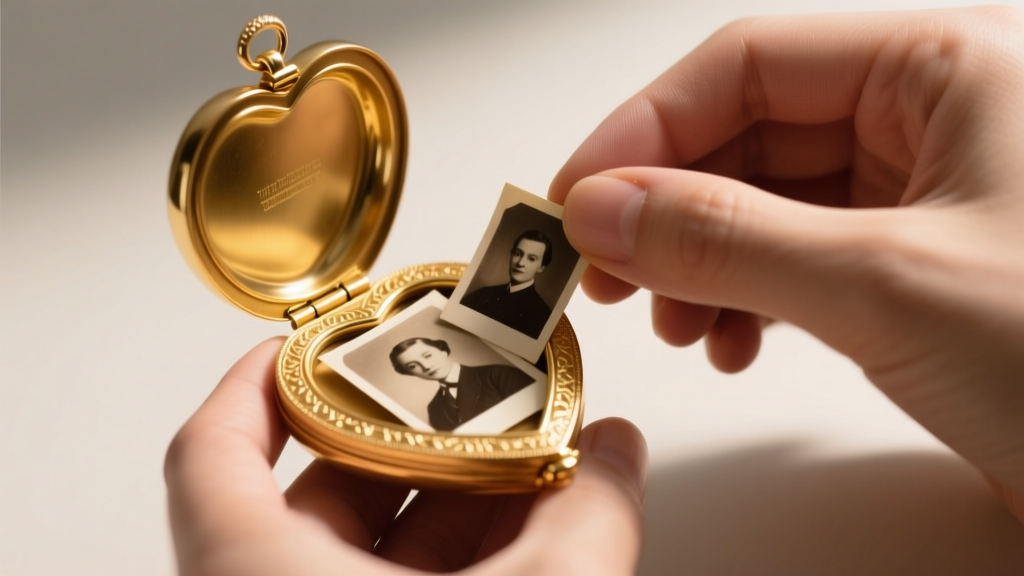 Close-up of jeweler hands using archival photo corners to mount a portrait inside a 14k yellow gold heart-shaped picture locket