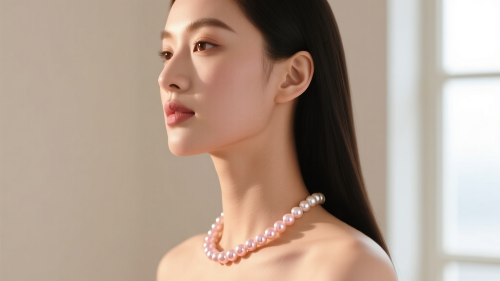 Side profile of a woman wearing a delicate pink Akoya pearl choker, capturing sharp mirror luster against her collarbone