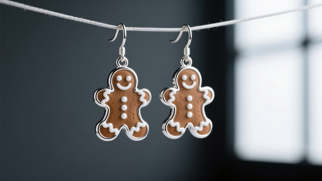 Macro shot of 18-gauge sterling silver gingerbread man earrings with white vitreous enamel icing details on dark slate