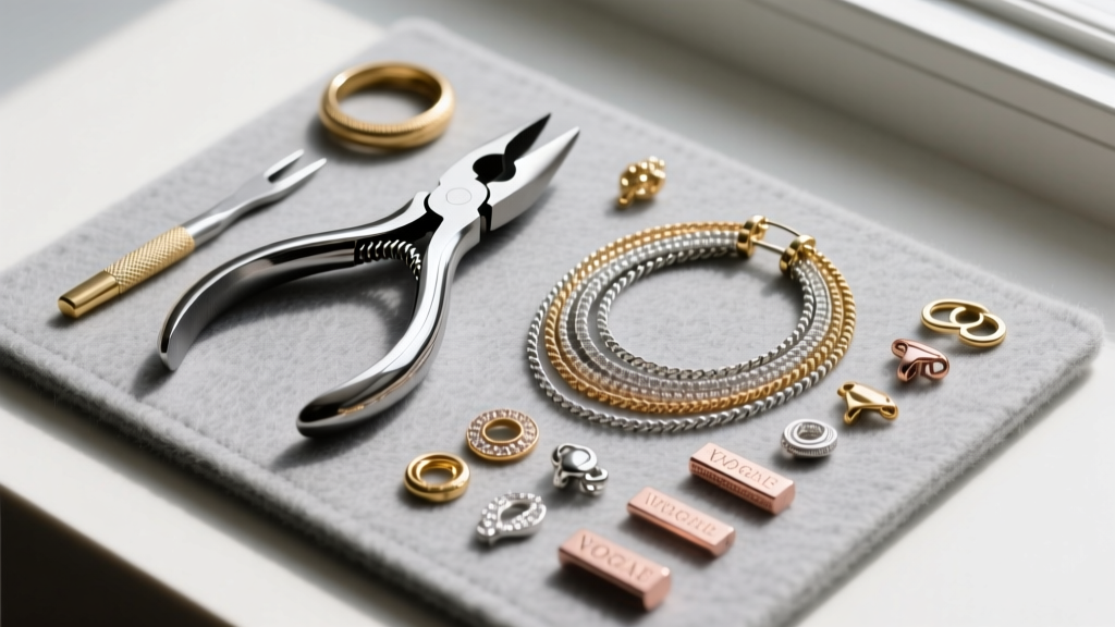 Flat lay of jewelry tools including chain nose pliers and various multi-strand necklace layer clasp findings on a gray felt pad