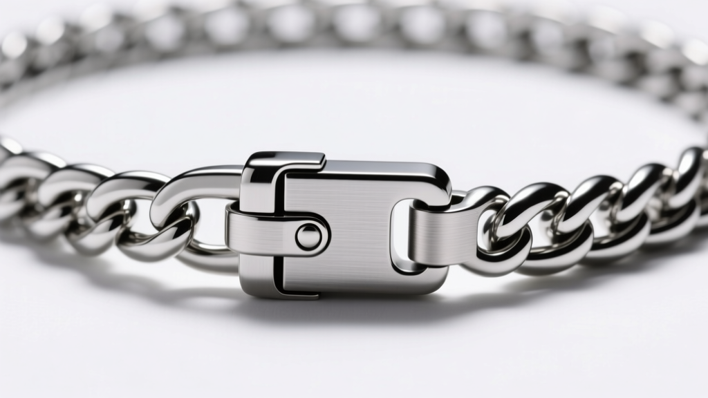 Close-up of a magnetic clasp on a 17-inch silver box chain, showing brushed metal and a secure lock under bright studio lighting