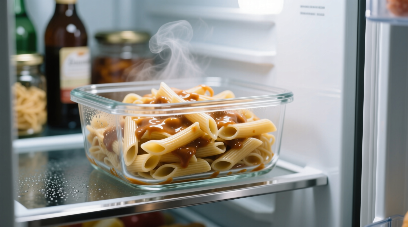 Cooked pasta stored in glass container in refrigerator