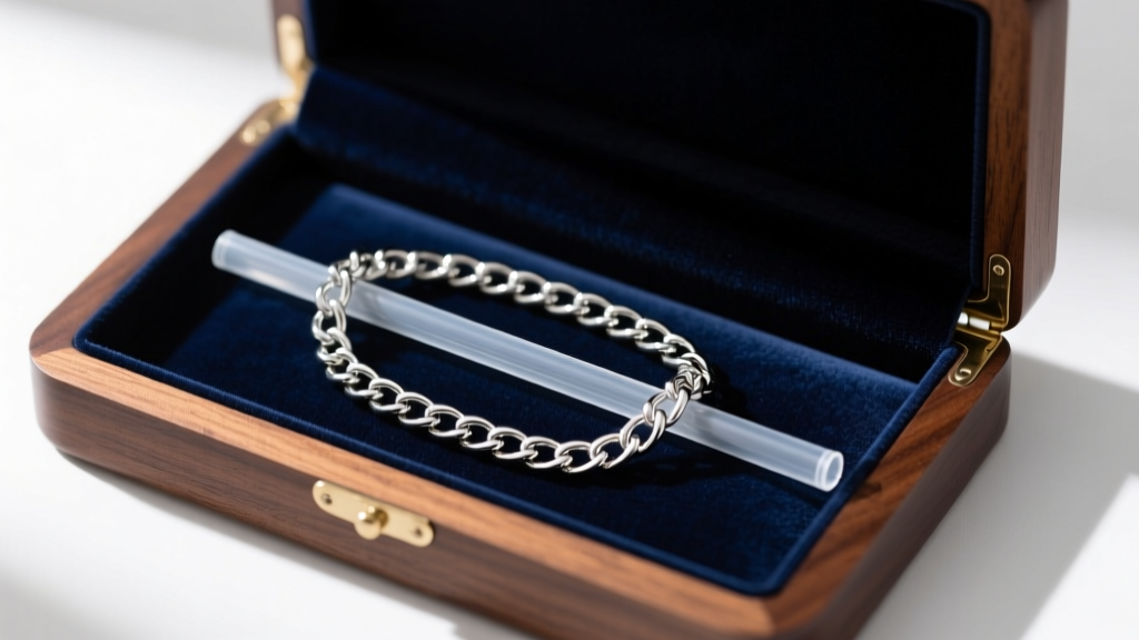 Silver chain threaded through a clear plastic straw to prevent tangling, resting inside a dark velvet lined wooden jewelry box