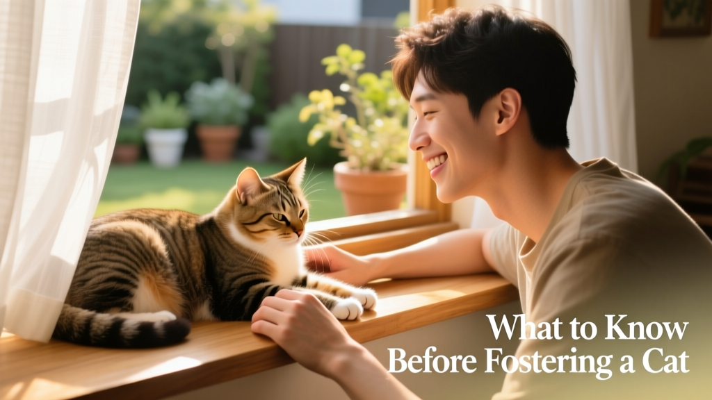 A smiling person gently petting a relaxed adult cat on a sunlit windowsill