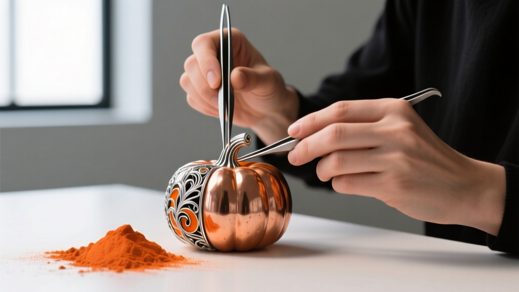 Jeweler using tweezers to place fine silver cloisonné wires onto a copper pumpkin base, with vibrant orange enamel powder nearby