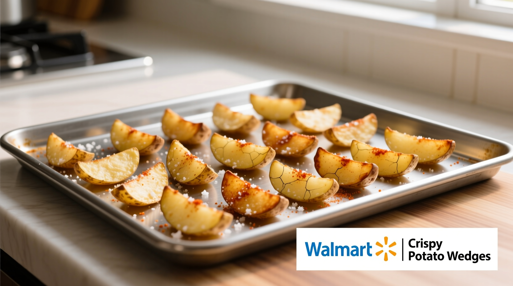 Walmart potato wedges on baking sheet