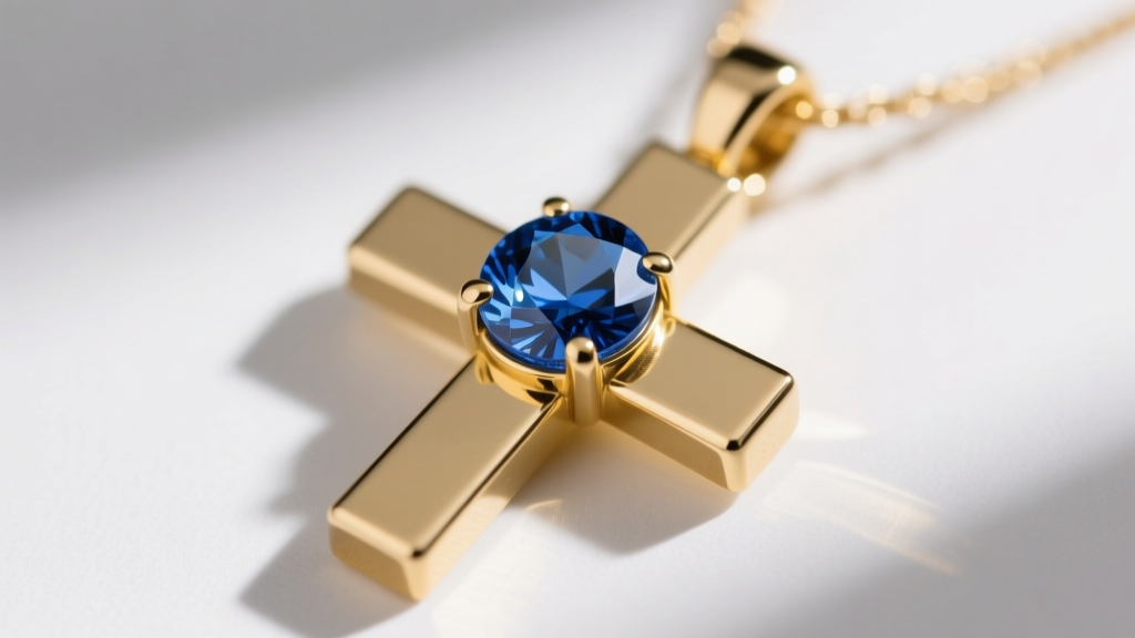 Macro shot of a bezel-set lab sapphire in a 14k yellow gold cross pendant, showing smooth metal rim and vivid blue color.