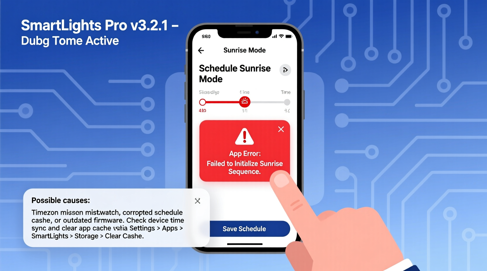 why does my smart christmas light app crash every time i try to schedule sunrise mode