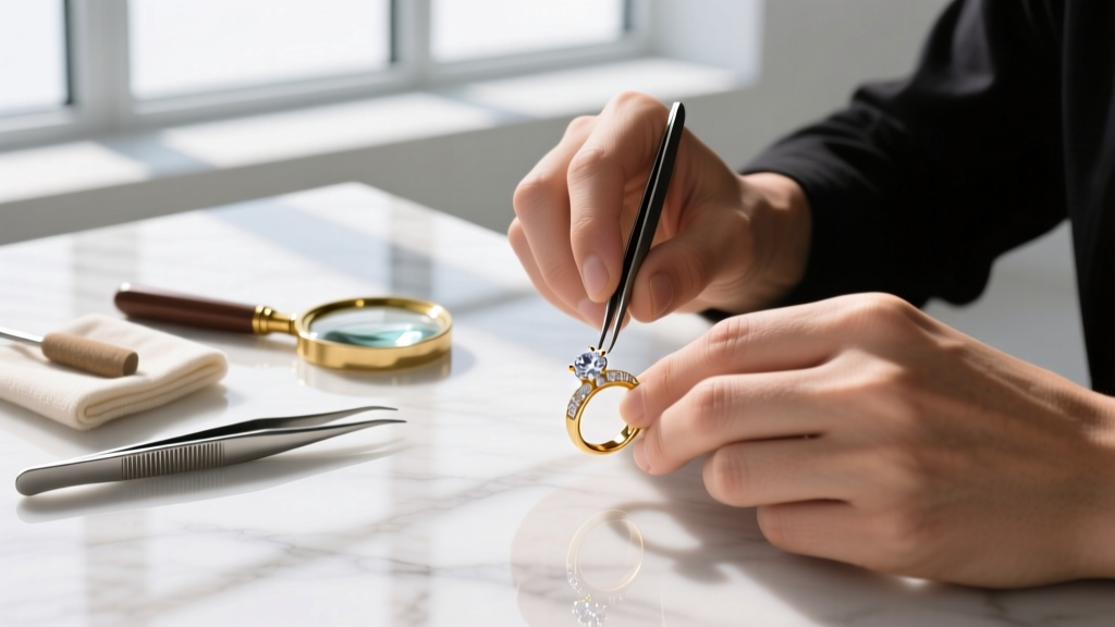 Jeweler's loupe examining the tiny 14k hallmark stamp on the lobster clasp of a polished yellow gold moon crescent necklace chain