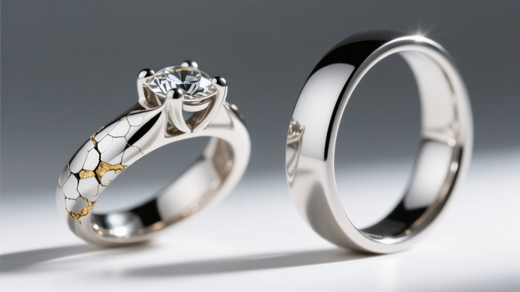 Side-by-side macro comparison of a flaking rhodium-plated white gold ring prong next to a solid un-plated platinum ring prong