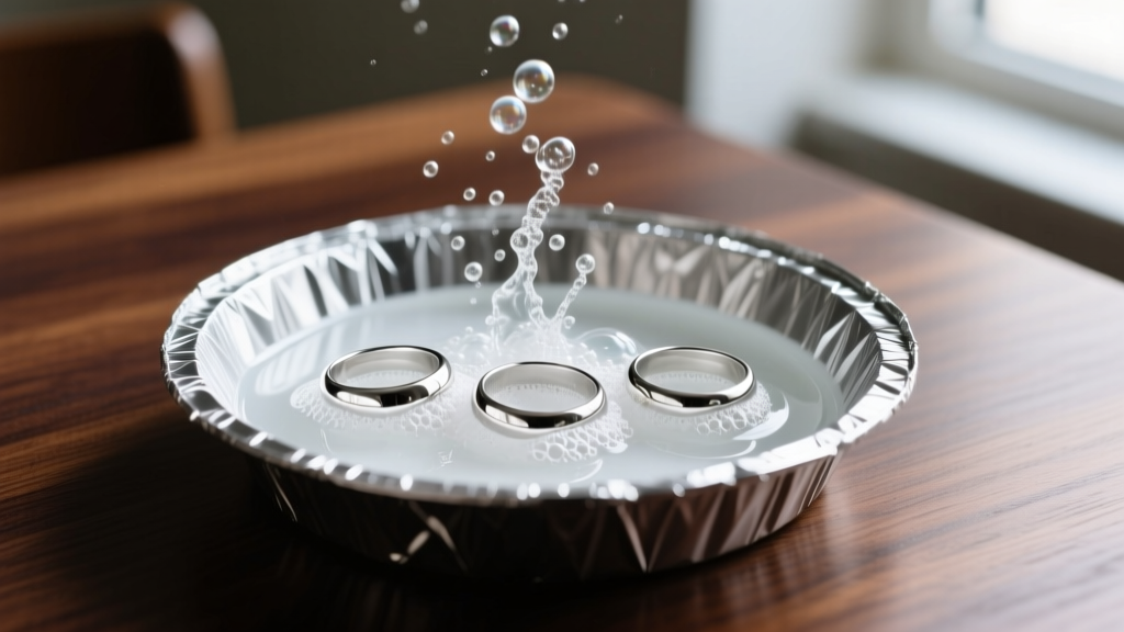 Silver rings submerged in bubbling baking soda solution inside an aluminum foil-lined ceramic dish resting on a dark wooden table