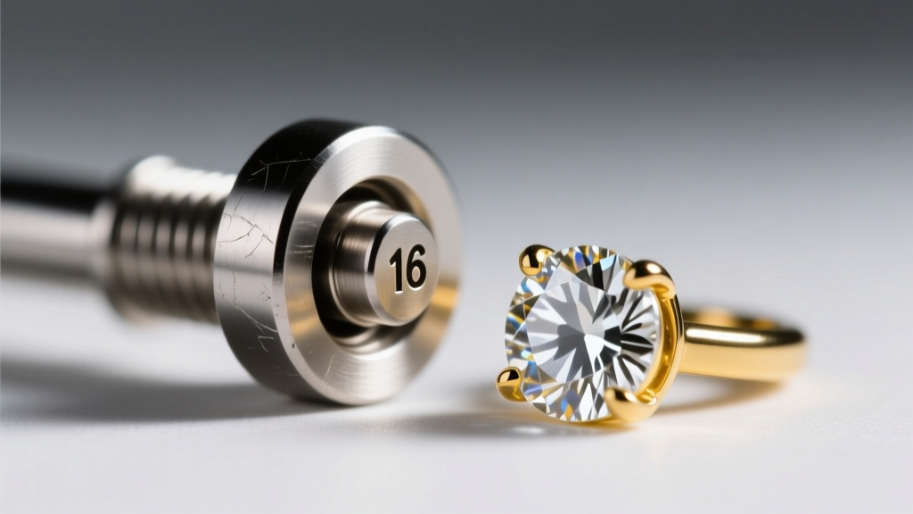 Macro shot of a 16-gauge implant-grade titanium threadless post next to a polished 14k yellow gold bezel-set diamond end piece