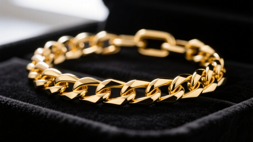 Macro photography of a polished 18k yellow gold box chain on black velvet, highlighting smooth, tangle-resistant geometric links.