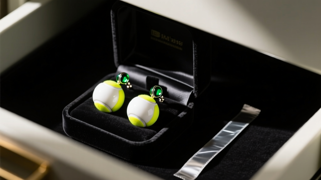 Acrylic tennis ball earrings stored inside a velvet box beside an anti-tarnish strip in a dark, climate-controlled drawer space