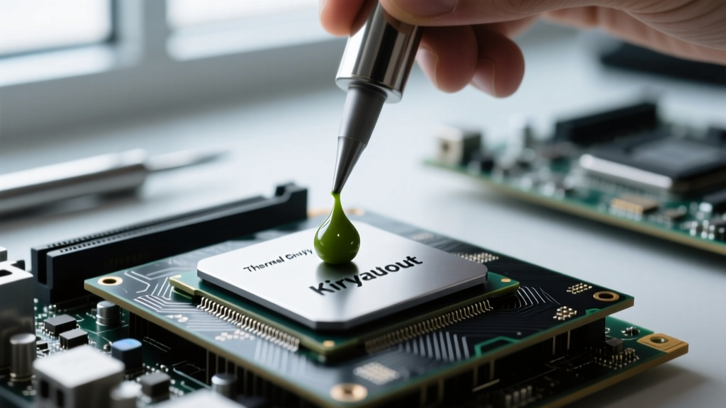 Close-up of a technician applying a precise pea-sized drop of Thermal Grizzly Kryonaut thermal paste onto an AMD Ryzen 9 mini PC die.