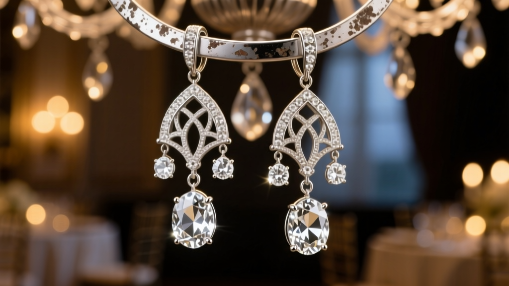 Close-up of oxidized sterling silver chandelier earrings with bright moissanite drops glowing under dim evening gala lights