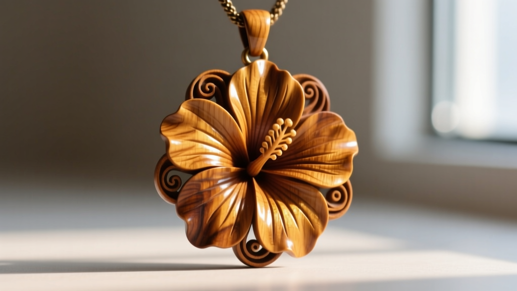 Macro shot of a curly Koa wood hibiscus pendant with intricate floral carving, highlighting the golden-brown chatoyant wood grain