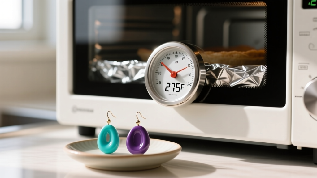 Close-up of an oven thermometer inside a toaster oven showing 275F, with polymer clay earrings tented under aluminum foil.