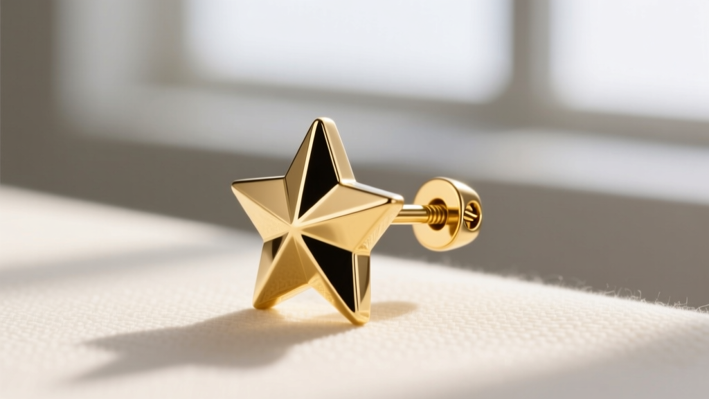 Side profile of an 18k gold star stud earring with a secure screw-back mechanism, showing the thicker 18-gauge post structure.
