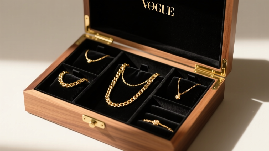 Open wooden jewelry box showing clean gold chains stored in dark anti-tarnish velvet pouches and neatly divided fabric slots.