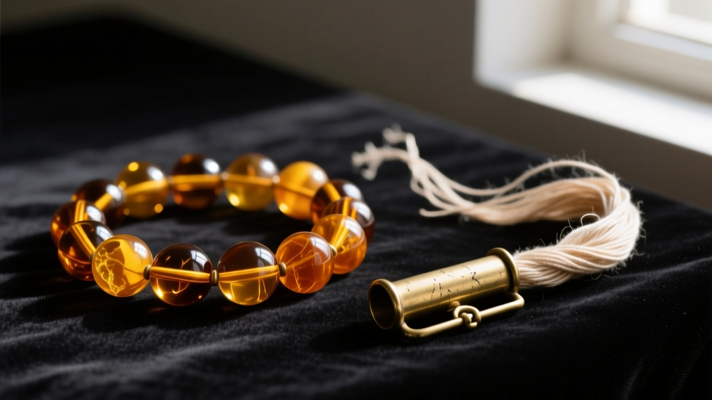 Disassembled vintage amber glass beads, silk thread, and a brass barrel clasp laid out carefully on a dark velvet jeweler's mat.