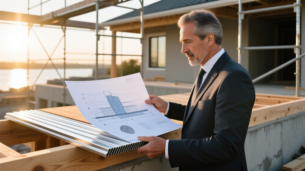 Architect reviewing WUI blueprints while holding an extruded aluminum fireproof decking material sample on a residential job site