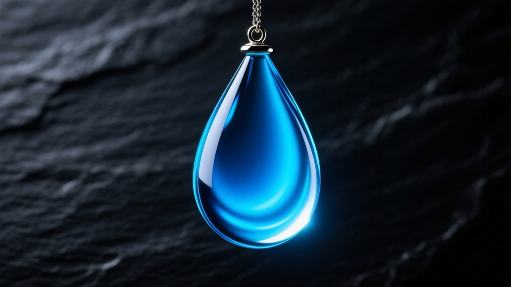 Close-up of a teardrop glass mood pendant glowing vibrant blue on dark slate under soft studio lighting highlighting edges.