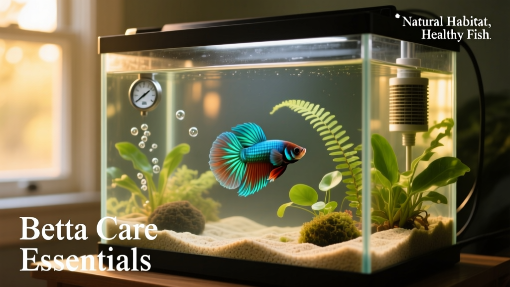 Well-maintained 5-gallon betta tank with heater, sponge filter, live plants, and soft sand substrate
