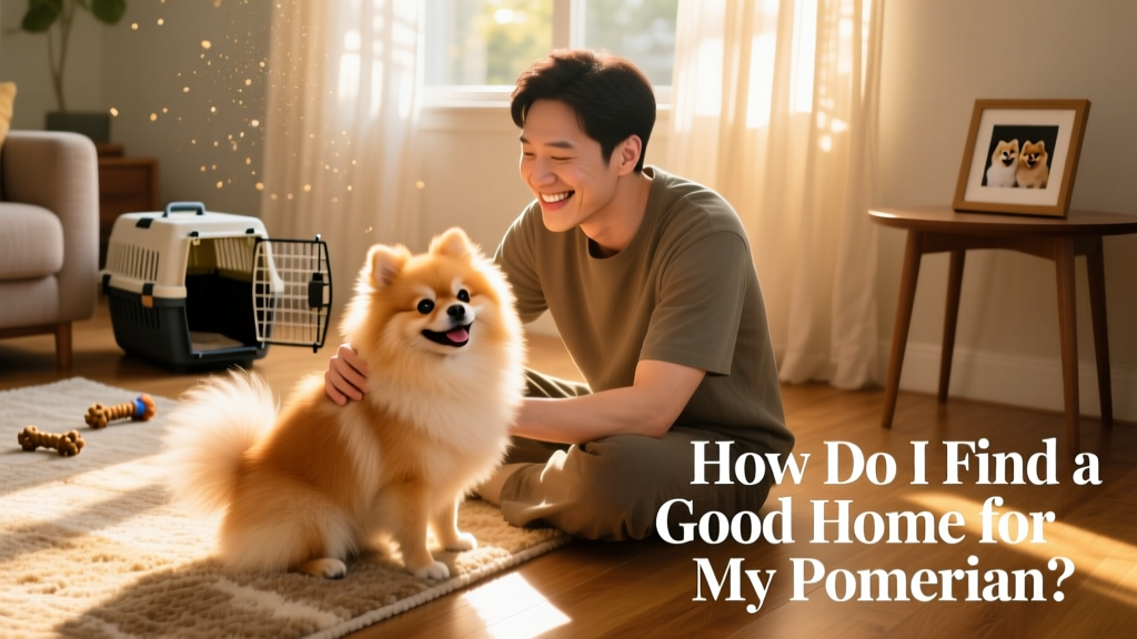 A cheerful Pomeranian sitting beside a smiling adult on a sunlit living room floor