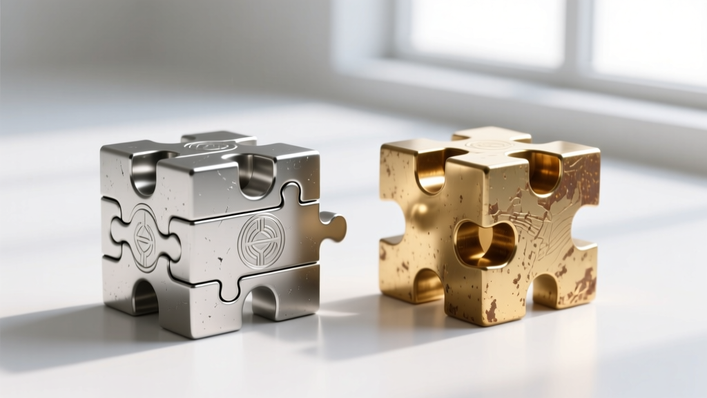 Macro shot of a zinc alloy Millennium Puzzle beside a solid brass version, highlighting engraved surface details and metal texture.