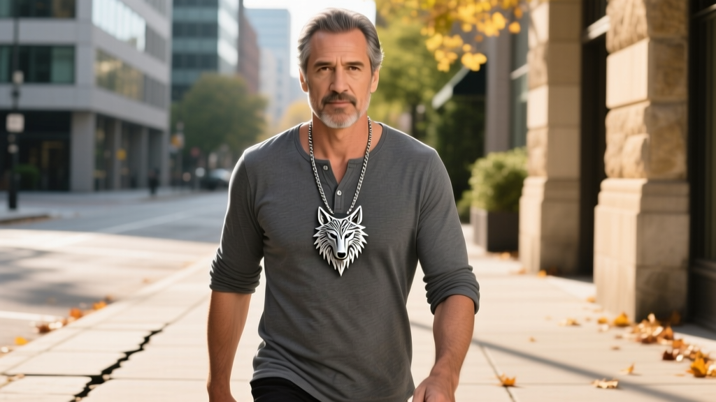 Man wearing a long silver Witcher wolf necklace over a charcoal grey henley shirt, casual street style, natural outdoor daylight.