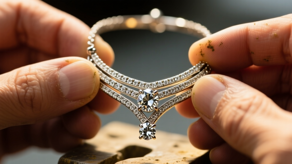 Macro shot of a jeweler inspecting prong settings on a moissanite replica necklace, revealing grime in an intricate silver mount.