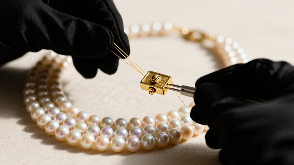 Jeweler restringing a heavy multi-strand pearl necklace using size FF silk thread and a gold box clasp with dual safety catches.