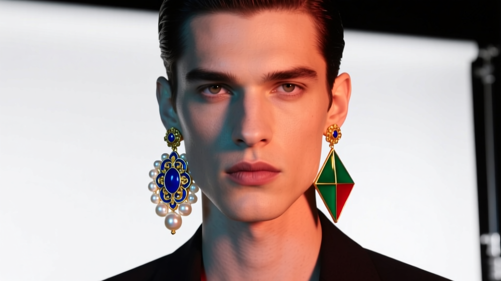 Male model wearing mismatched baroque pearl and enamel charm drop earrings under vibrant high-fashion studio lighting