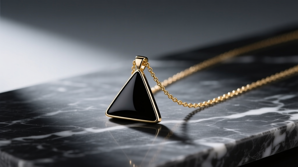 Flat lay of a black enameled triangle pendant necklace on dark marble with soft lighting highlighting the gold-tone chain links.