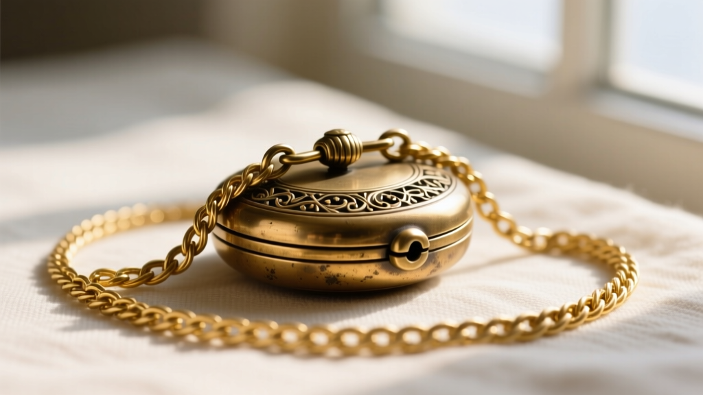 A 1.5mm 14k gold rope chain threaded through the hidden bail of a heavy vintage locket, showing the secure clasp connection
