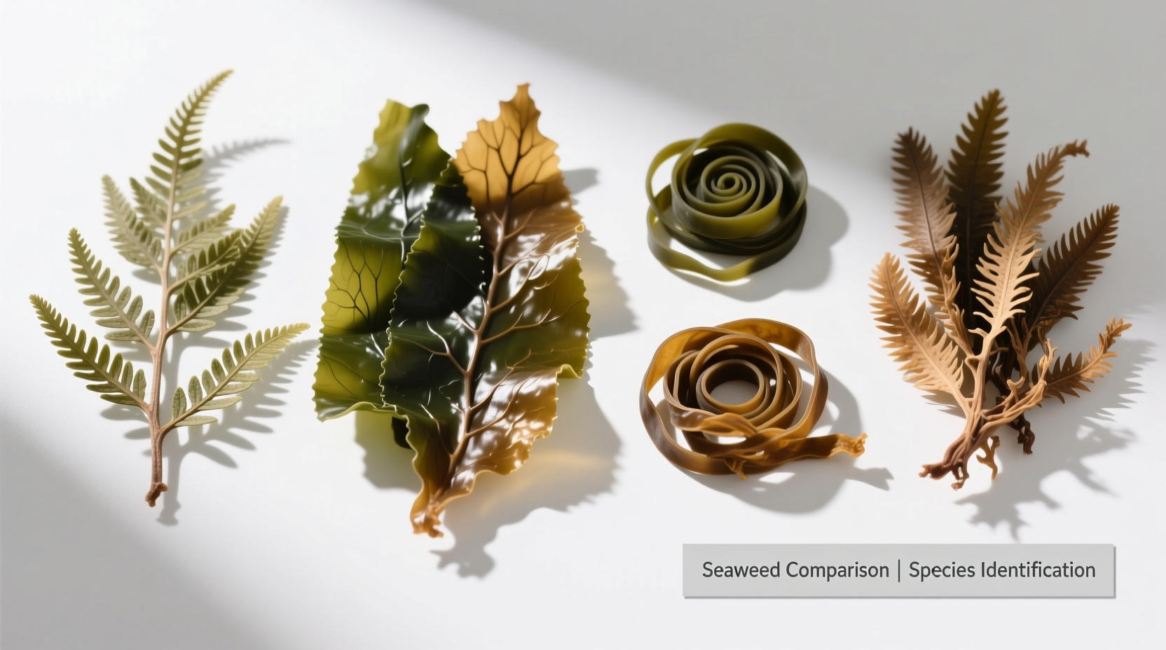 Various dried seaweed types arranged for comparison