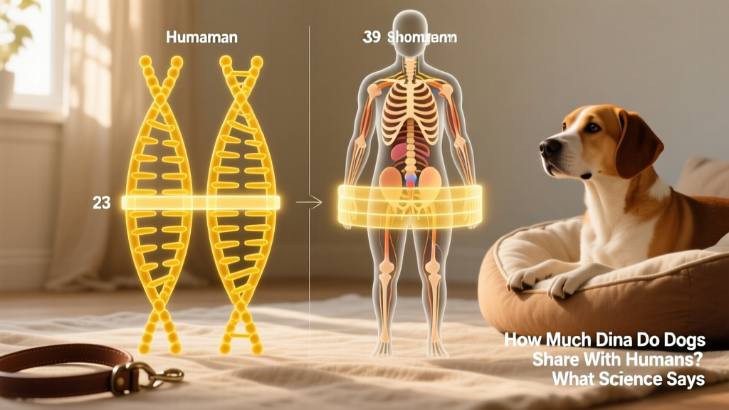 Side-by-side illustration comparing human and dog chromosomes with highlighted shared gene regions