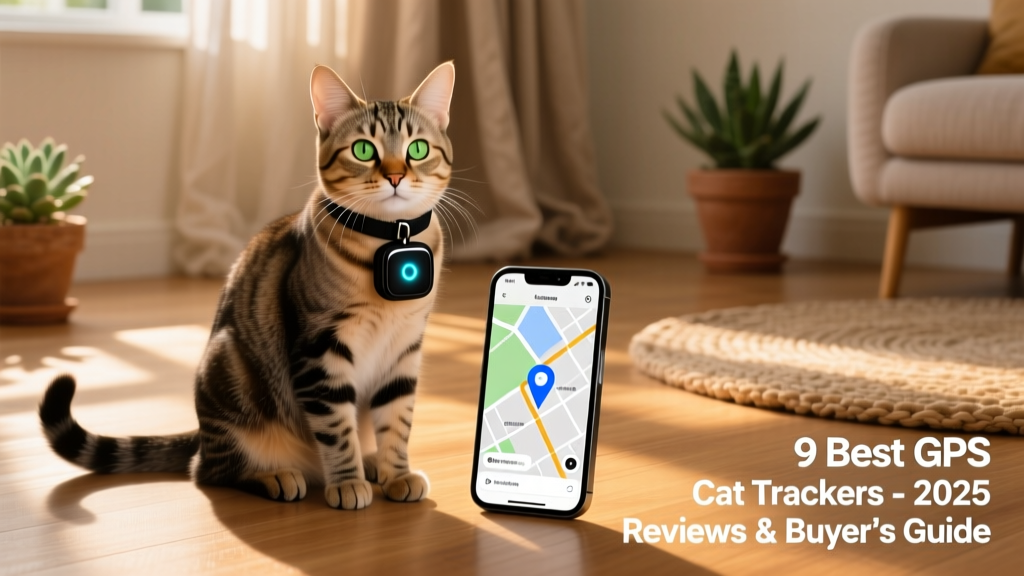 A sleek, lightweight GPS tracker attached to a cat's collar, shown next to a smartphone displaying a live map with a pinpointed location