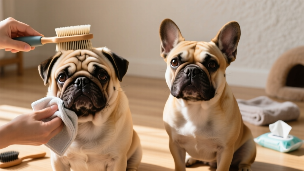 Close-up photo showing proper cleaning of facial wrinkles on a Pug and gentle brushing of a French Bulldog's short coat