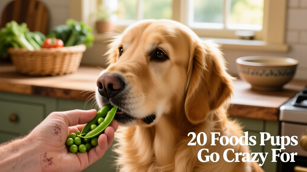 A dog gently eating green peas from a hand