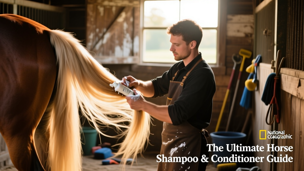 Close-up of a groomer applying conditioner to a horse's tail, showing smooth, tangle-free strands