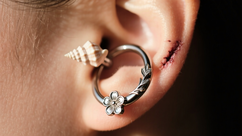Healed outer conch piercing showing a hinged titanium segment ring with a floral clicker design, photographed from a side profile