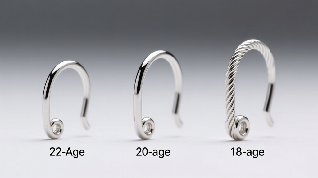 Side-by-side millimeter scale showing 22, 20, and 18-gauge sterling silver ear wires, emphasizing thickness for earlobe support