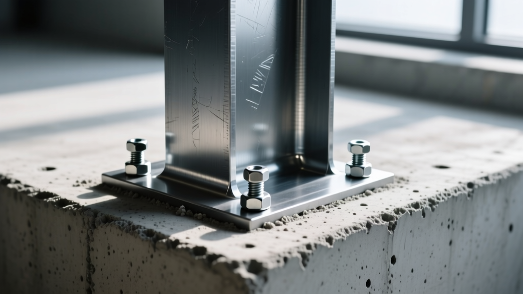 Close-up of a structural steel baseplate secured to a cured concrete foundation using heavy-duty epoxy adhesive anchors and hex nuts