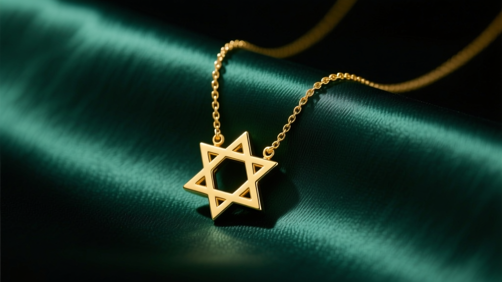 Minimalist 14k yellow gold Jewish chai symbol necklace resting on dark emerald silk fabric under soft directional studio lighting