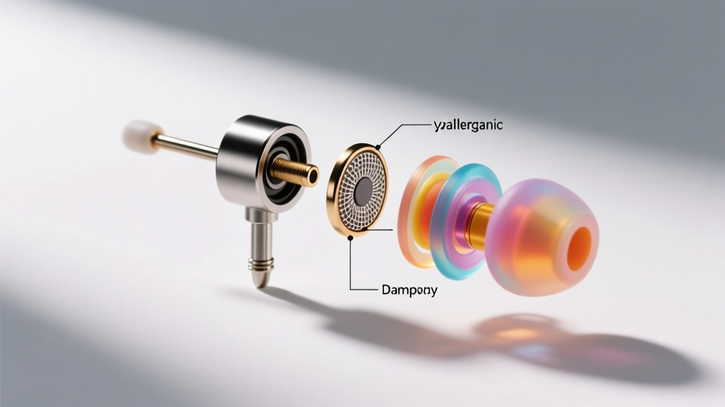Exploded technical diagram of an audio earring showing the titanium post, micro-speaker mesh, and hypoallergenic silicone dampers