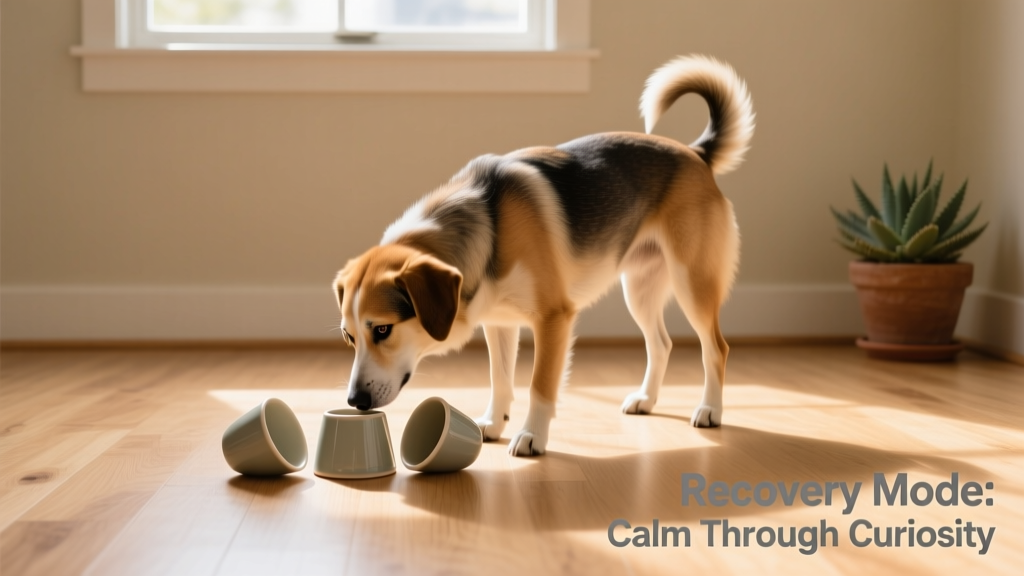 A dog intently sniffing at a set of three overturned cups on a clean floor, tail relaxed, showing focused calm